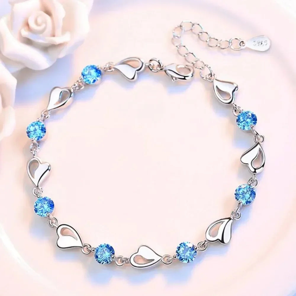 925 Sterling Silber Herzförmiges Armband für Damen Retro Koreanisch Vielseitig Blau Kristall Charm Armbänder Original Partyschmuck