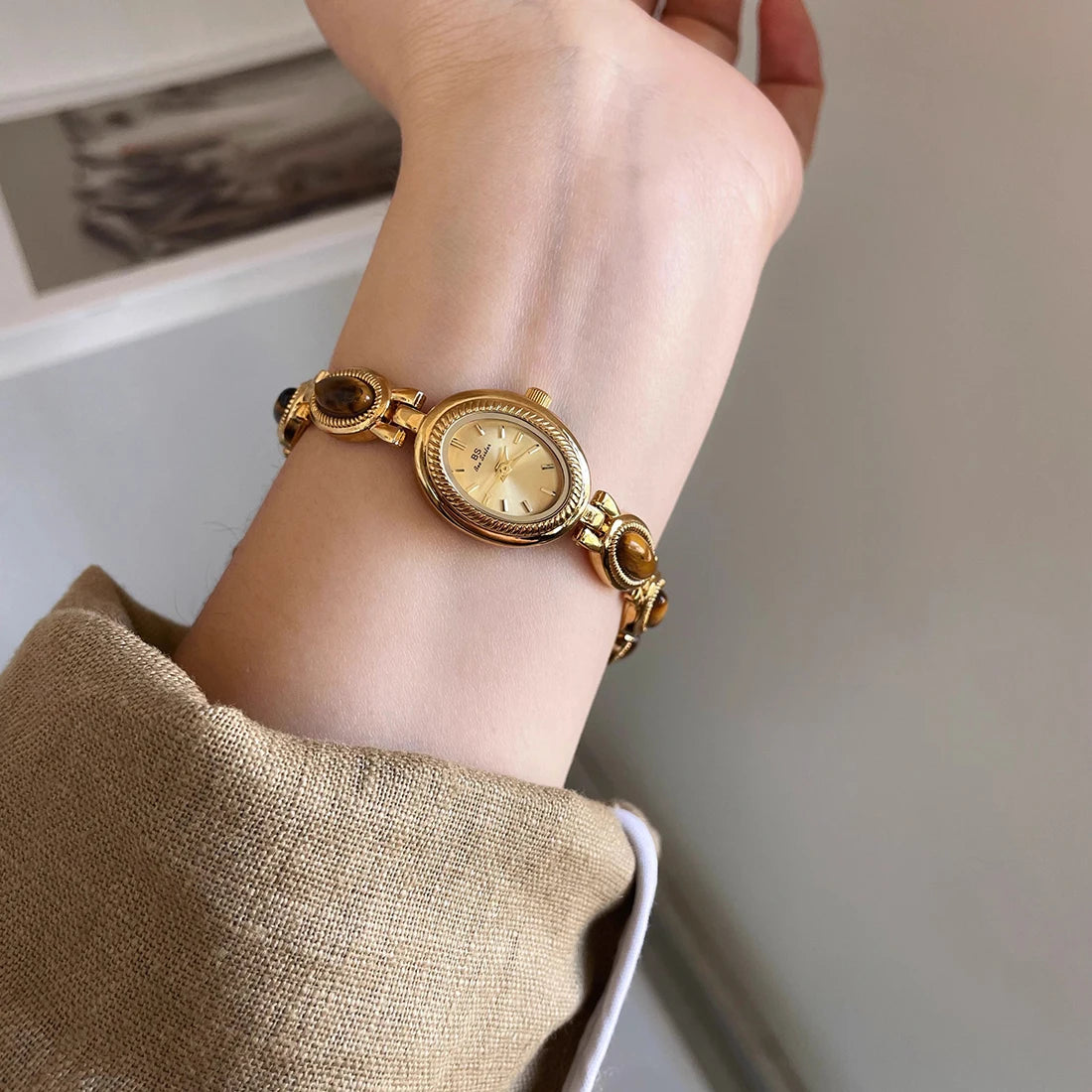 Natur-Jade-Armbanduhr Geschenk Frauen, Damenuhren Luxus Hochwertige Gold Quarzuhren, Elegante Damenarmbanduhren