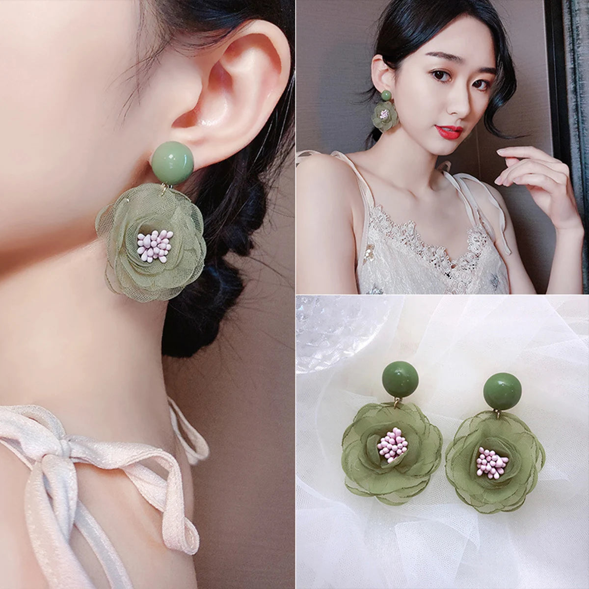 Nadelweiche Schneeflocke Spitze Blumenmädchen Zart Lila Milchfrucht Grün Blütentauohrringe Ohrclips Frischer Süßer Stil Ohrstecker