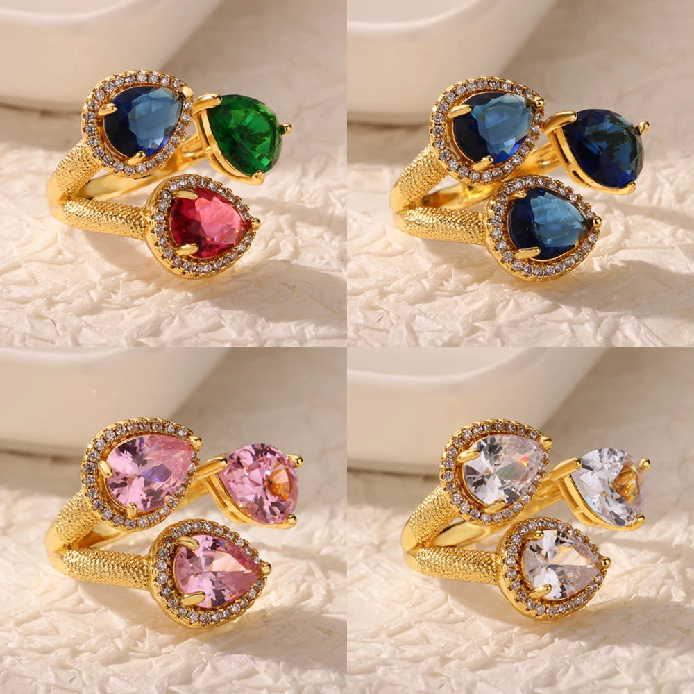 Luxuriöse bunte Zirkonringe für Damen, modischer goldfarbener Edelstahl-Offener Fingerring, Hochzeitsparty, ästhetischer Schmuck, Geschenk