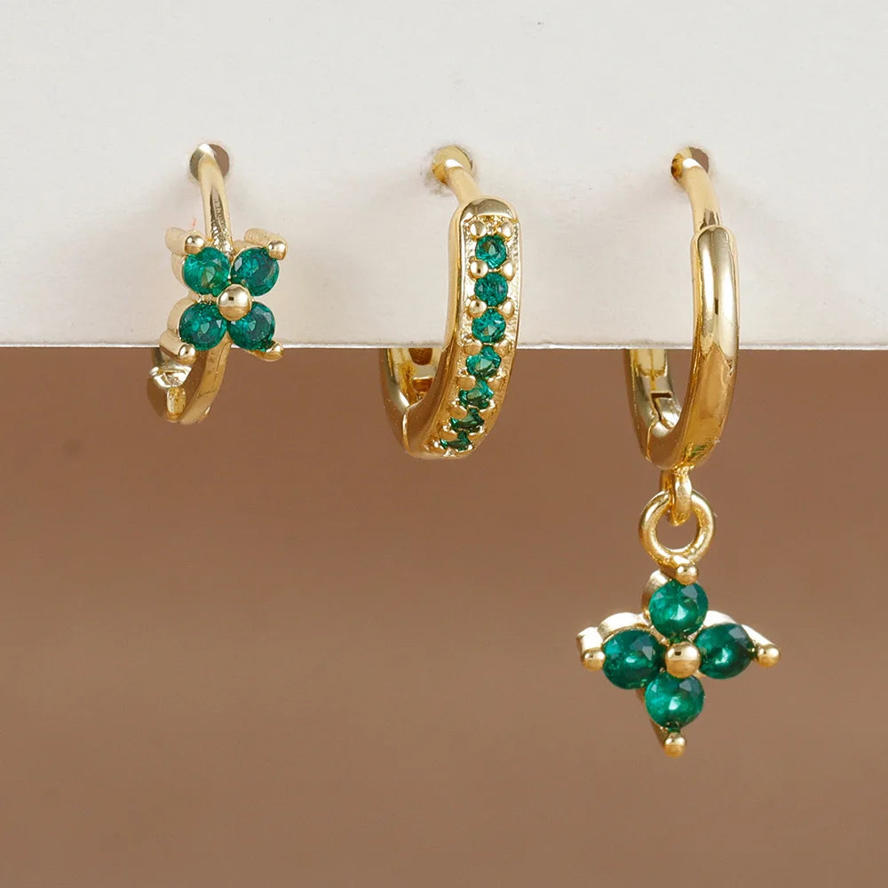 3 Paar modische orange-blaue Zirkon-Hängeohrringe für Damen, Edelstahl-Blumen-Baumelohrringe, Piercing-Schmuckset