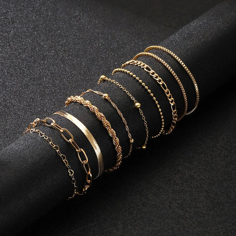 10 Stück Vintage Statement Goldfarbene Flache Schlangenkette Boxkette Armband Boho Mehrschichtiges Metallarmband Damen Sommer Schmuck