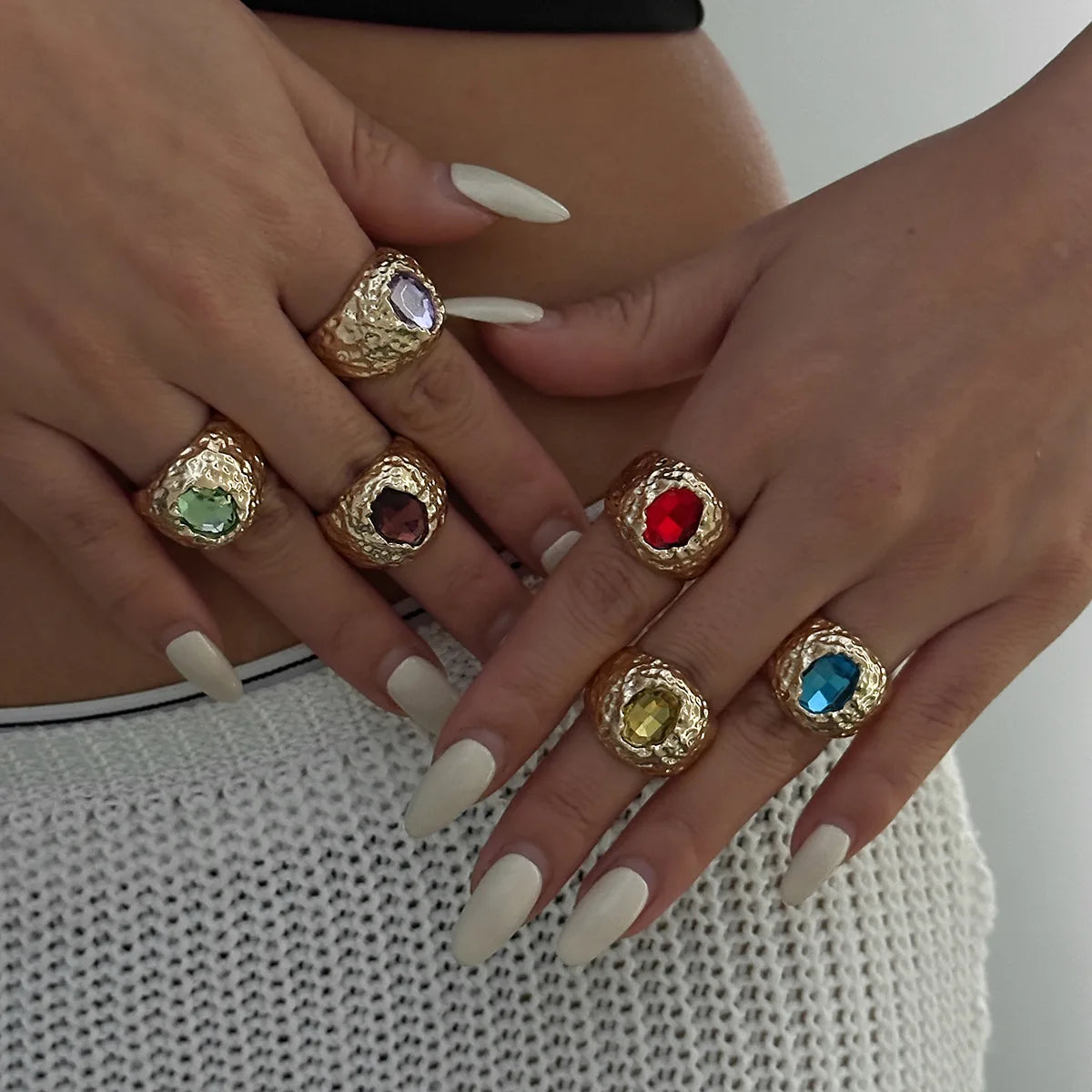 LATS Vintage Punk Inlaid Rhinestone Rings for Women Geometric Exaggerated Personalized Liquid Glossy Light Luxury  Jewelry