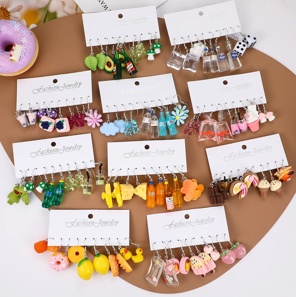 Mode Süße Fruchtgetränk Ohrringe Set für Damen Niedliche Cartoon Lebensmittel Eis Donut Lustige Harz Ohrringe Party Schmuck Geschenk Neu