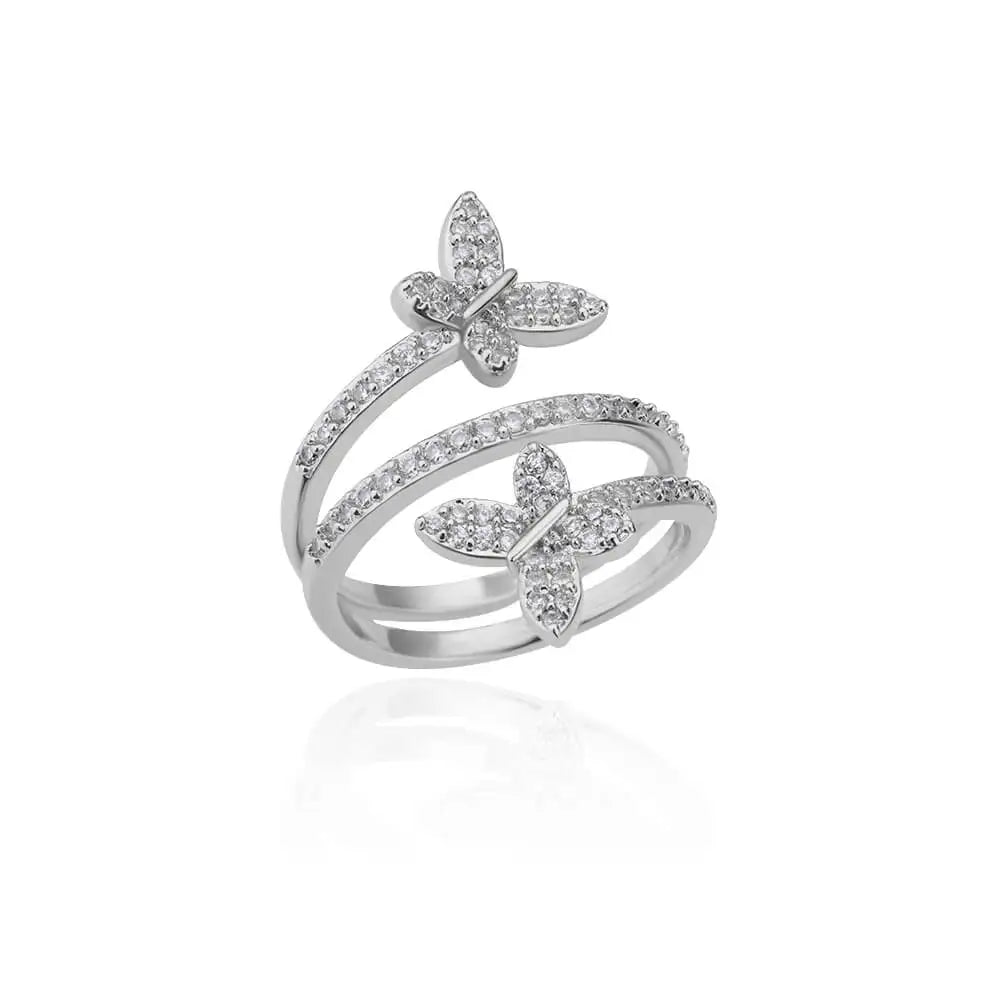 Zirkon-Doppelschmetterling-Ringe für Frauen, Edelstahl, goldfarben, offener mehrschichtiger Ring, Mode, Hochzeitsparty-Schmuck, Neu 2024