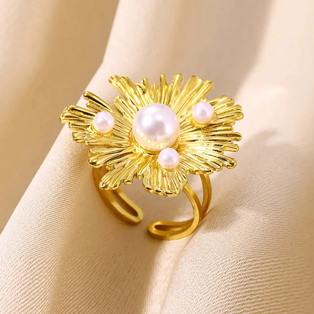 Edelstahl Blume Große Offene Ringe Für Frauen Gold Farbe Nachahmung Perle Hohlring Trendiger Ästhetischer Schmuck Geschenke