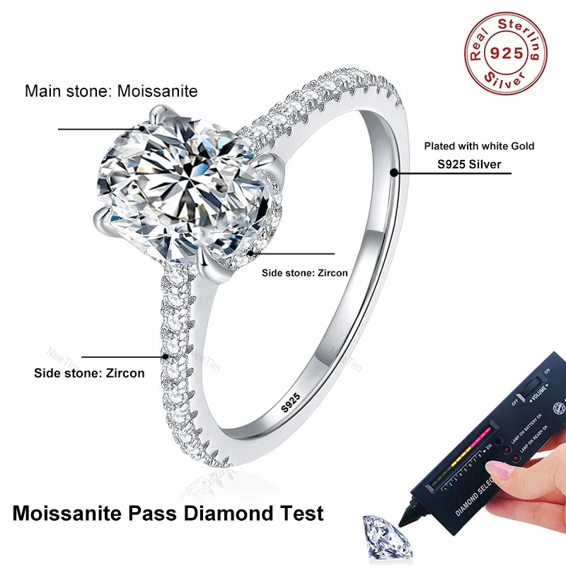 NeeTim Anillos de moissanita de corte ovalado de 1, 2 y 3 quilates para mujer, plata de ley 925, anillo de compromiso de boda con diamantes de laboratorio, banda de piedras preciosas