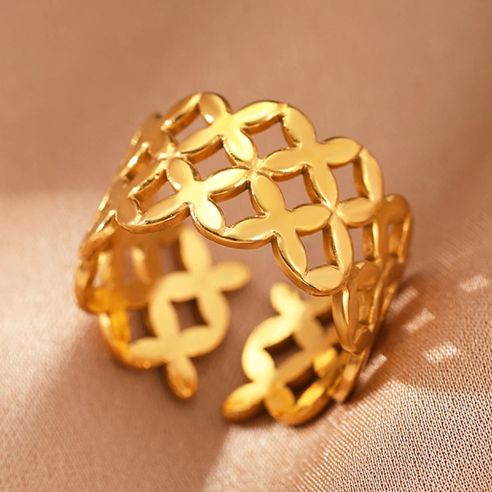 Edelstahlringe Vintage Exquisit Hohl Einstellbare Offene Statement-Ringe Leichte Luxus-Mode-Ringe für Frauen Schmuck Neu