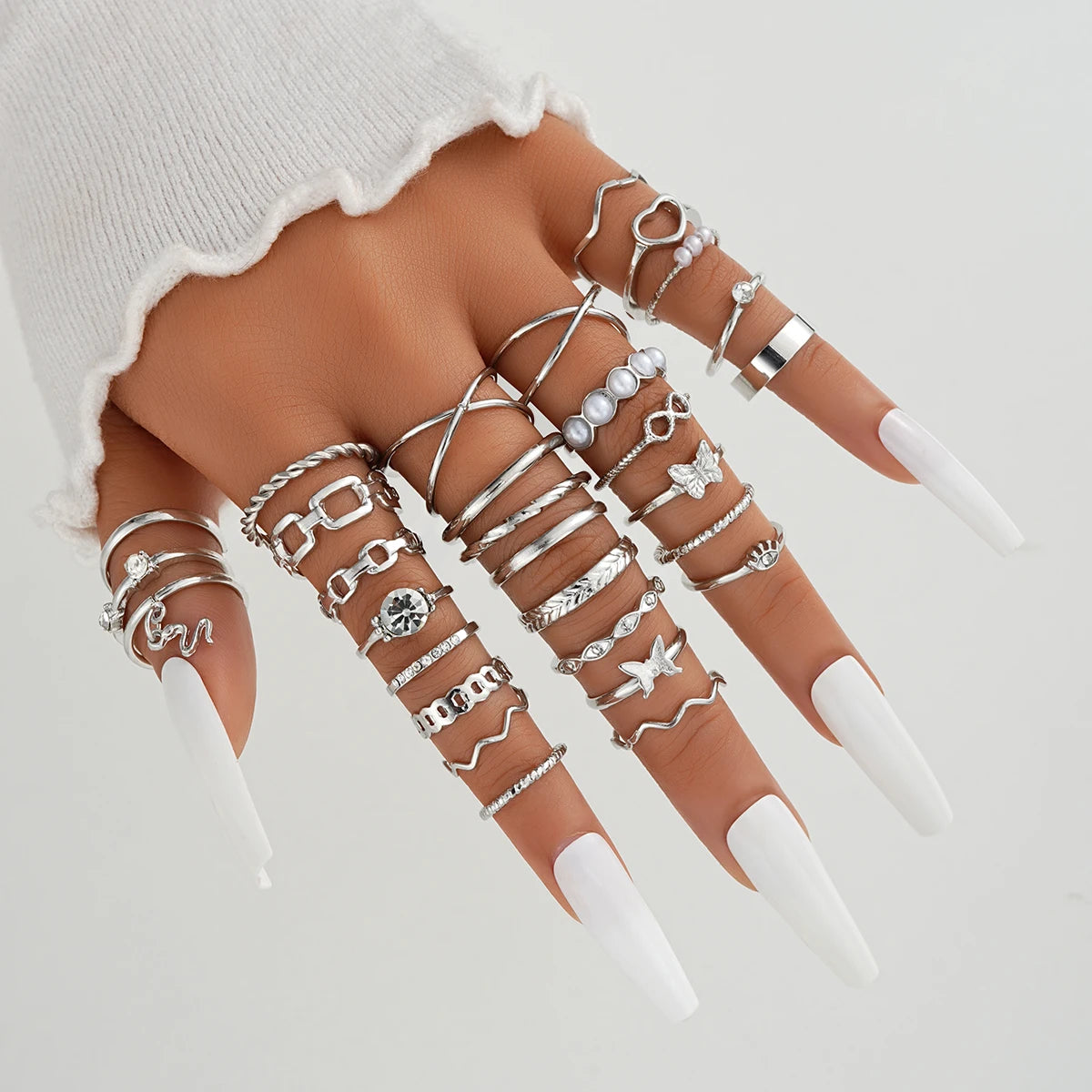 30 STÜCK Silberfarbenes Geometrisches Ring-Set für Damen Vintage Herz Auge Kreuz Sonne und Mond Blatt Anhänger Fingerring Weiblicher Boho Schmuck