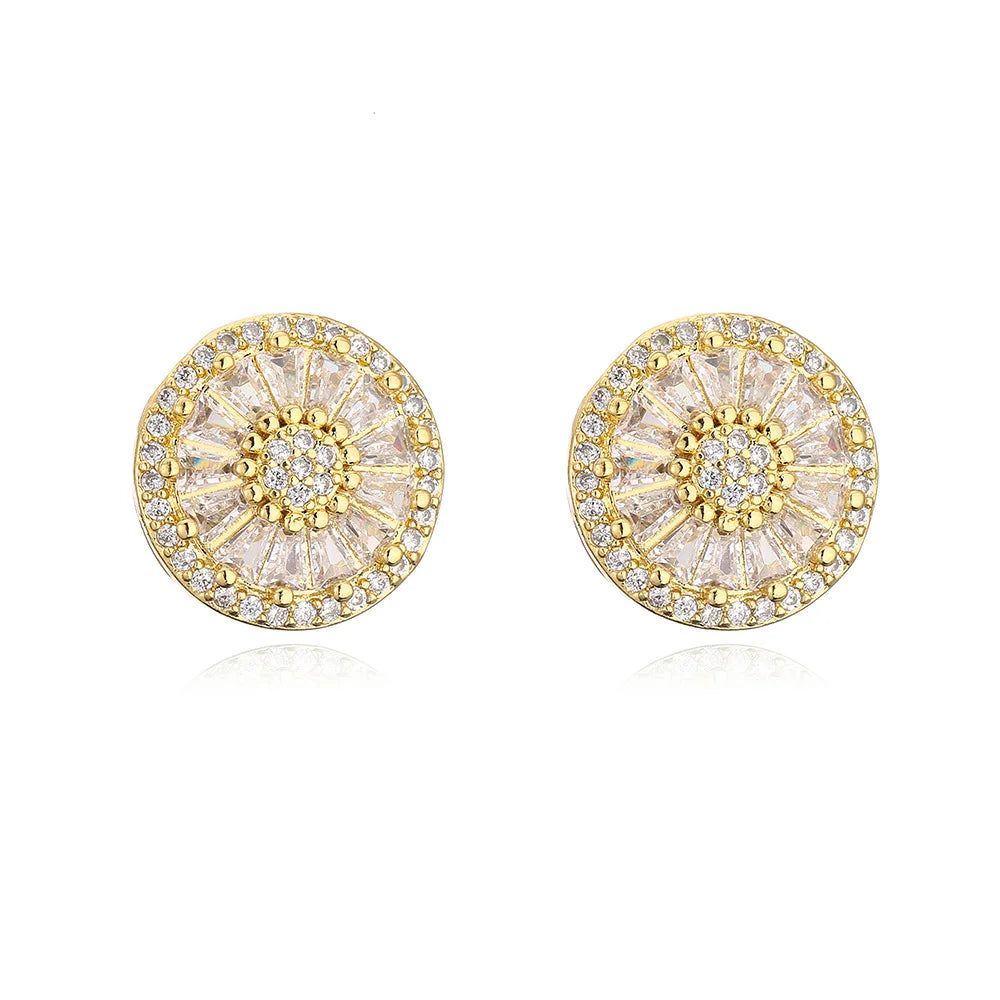 NEWBUY Luxuriöse AAA Zirkonia-Pflasterfassung Kupfer Schmuck Goldfarbe Runde Ohrstecker für Frauen Mädchen