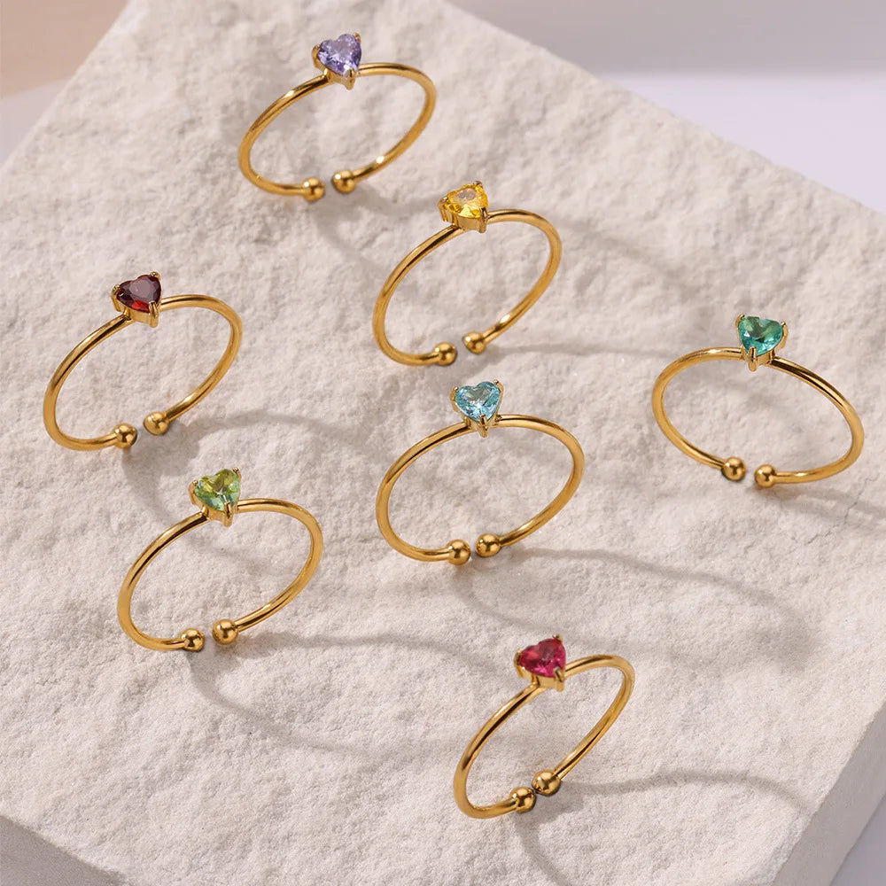 Mode Zirkon Herz Geburtssteinringe für Damen Edelstahl Goldfarbe Geburtssteinring Ästhetischer Hochzeitsschmuck Geschenk