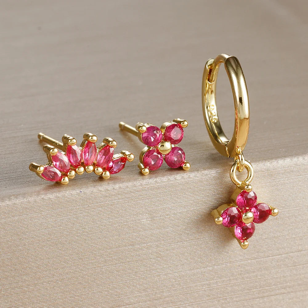3 Paar modische orange-blaue Zirkon-Hängeohrringe für Damen, Edelstahl-Blumen-Baumelohrringe, Piercing-Schmuckset