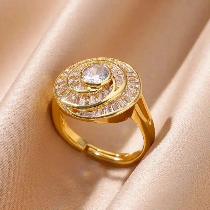 Zirkonia Blumenringe für Frauen, offene Edelstahl-Ringe in Goldfarbe, Hochzeits-Paar-Band, wasserdichter Schmuck