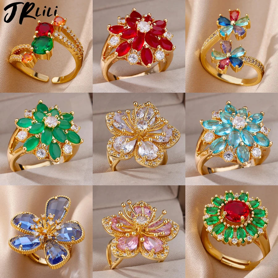 Filigrane Zirkon-Blumenringe für Damen Edelstahlring 2024 Neuer Trend Elegante luxuriöse ästhetische Schmuck-Anillos