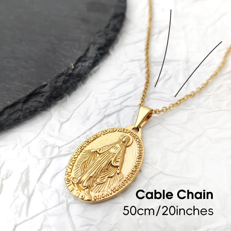 Collar de medalla de la Virgen María de oferta - Chapado en oro de 18 quilates y acero inoxidable 316L, colgante religioso, regalos católicos para mujeres y hombres