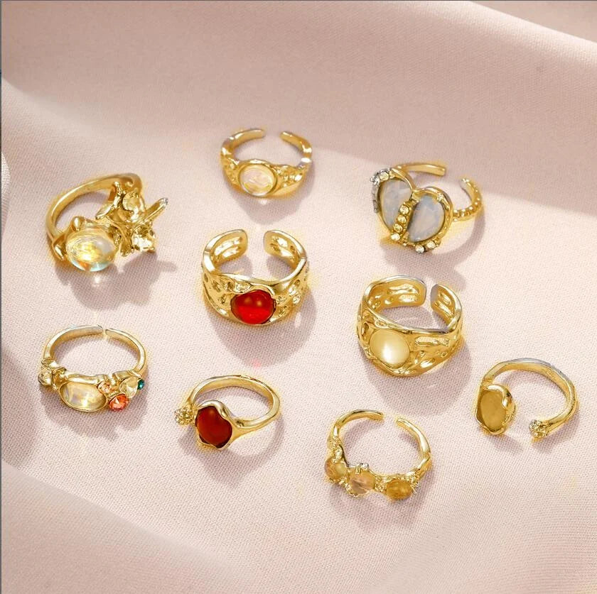 9 Stück Y2K Kristallringe Kpop Herz Verstellbarer Ring Unregelmäßige Geometrie Punk Vintage Ringe Set für Frauen Mädchen Neuer Modeschmuck