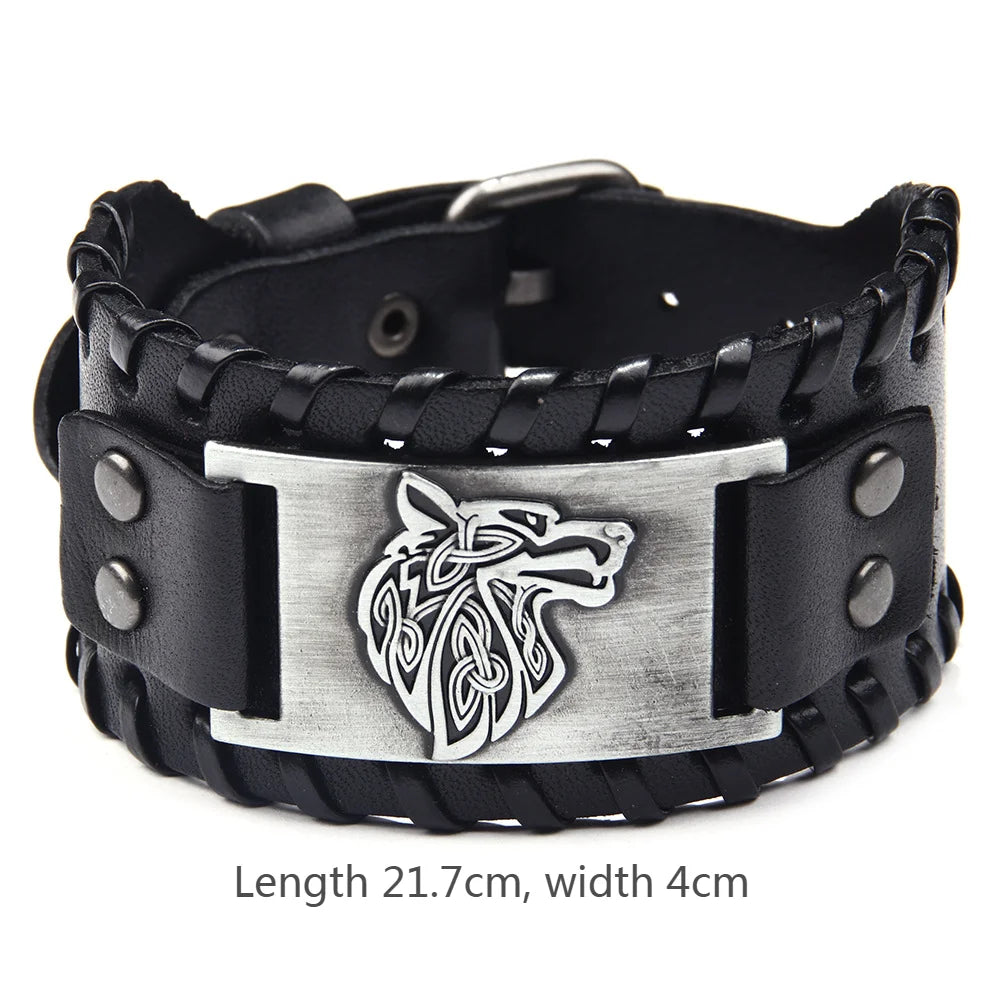 Herren Stilvolles Wikinger-Armband Leder Kühnes Wolfsmotiv Metallverzierung Armreif Punk Rock Partys Schmuck Einzigartiges Geschenk