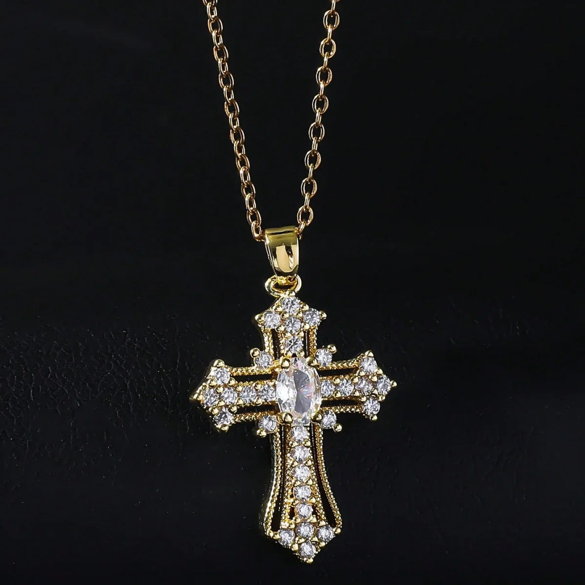 1Pcs Cross Necklace Pendant Religious Blessing Stainless Steel Sturdy Gold Necklace Water Diamond Inlay Trendy Fashion