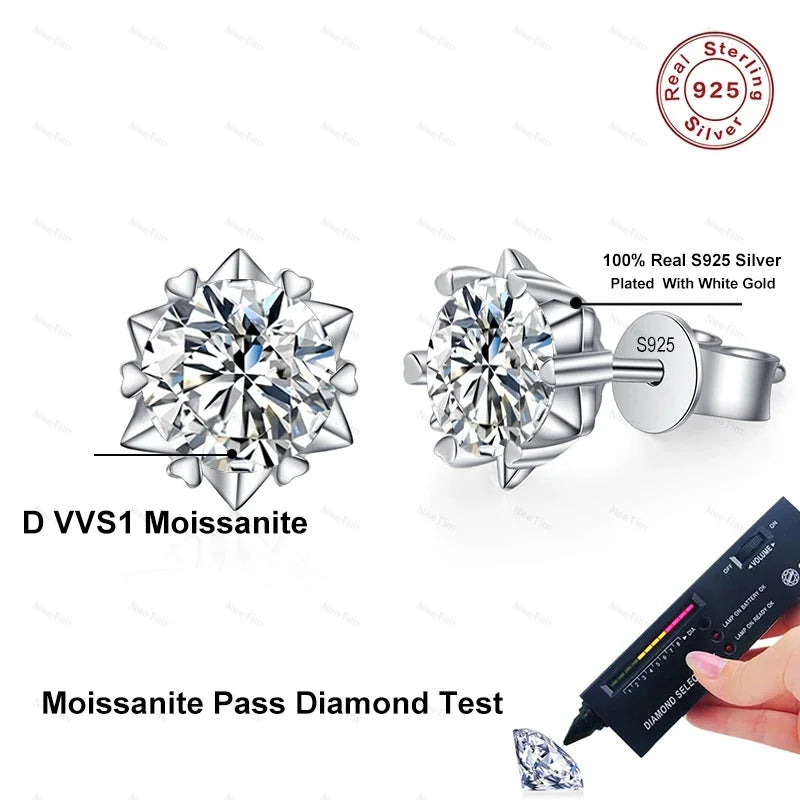 NeeTim 0.3ct-2ct Moissanit-Ohrringe, Labor-Diamant, 925er Sterlingsilber mit vergoldeten Schneeflocken-Ohrsteckern, Hochzeitsschmuck