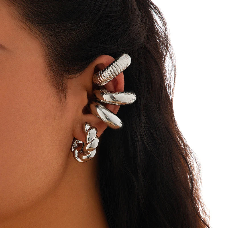 Fashion 4-teiliges C-förmiges Acryl-Ohrclip für Frauen Einfarbig Gold Silber Farbe Ohne Piercing Runde Ohrringe Punk Damenschmuck