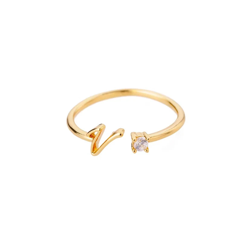 Zirkon-Anfangsbuchstabenring für Damen, Edelstahl, Goldfarben, Alphabet, offener Ring, trendiger Hochzeitstags-, Ästhetik-Schmuck