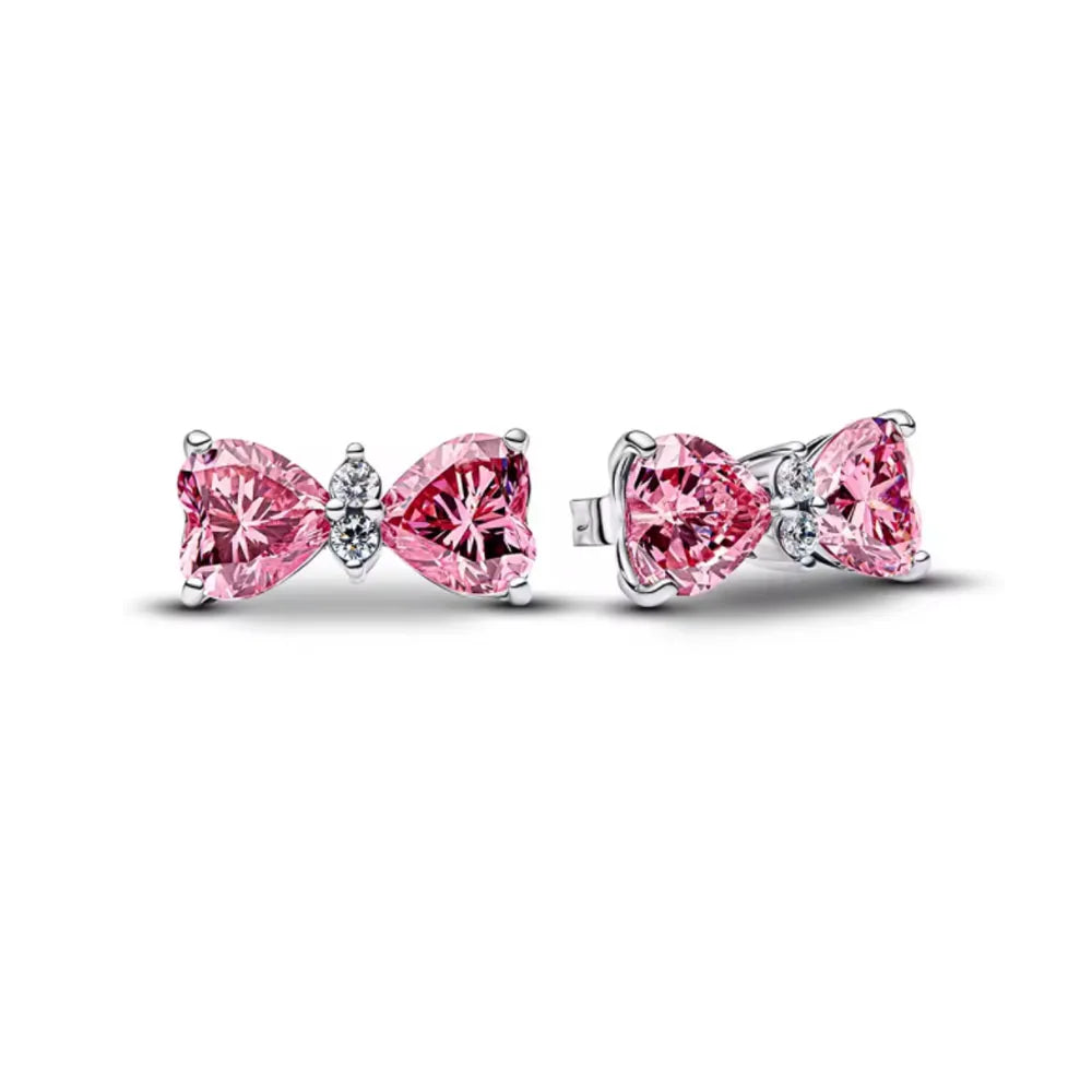 Pendientes de tuerca europeos nuevos de plata 925 con piedra blanca y rosa, lazo rojo, aptos para mujer, festival, exquisitos abalorios de joyería, regalos