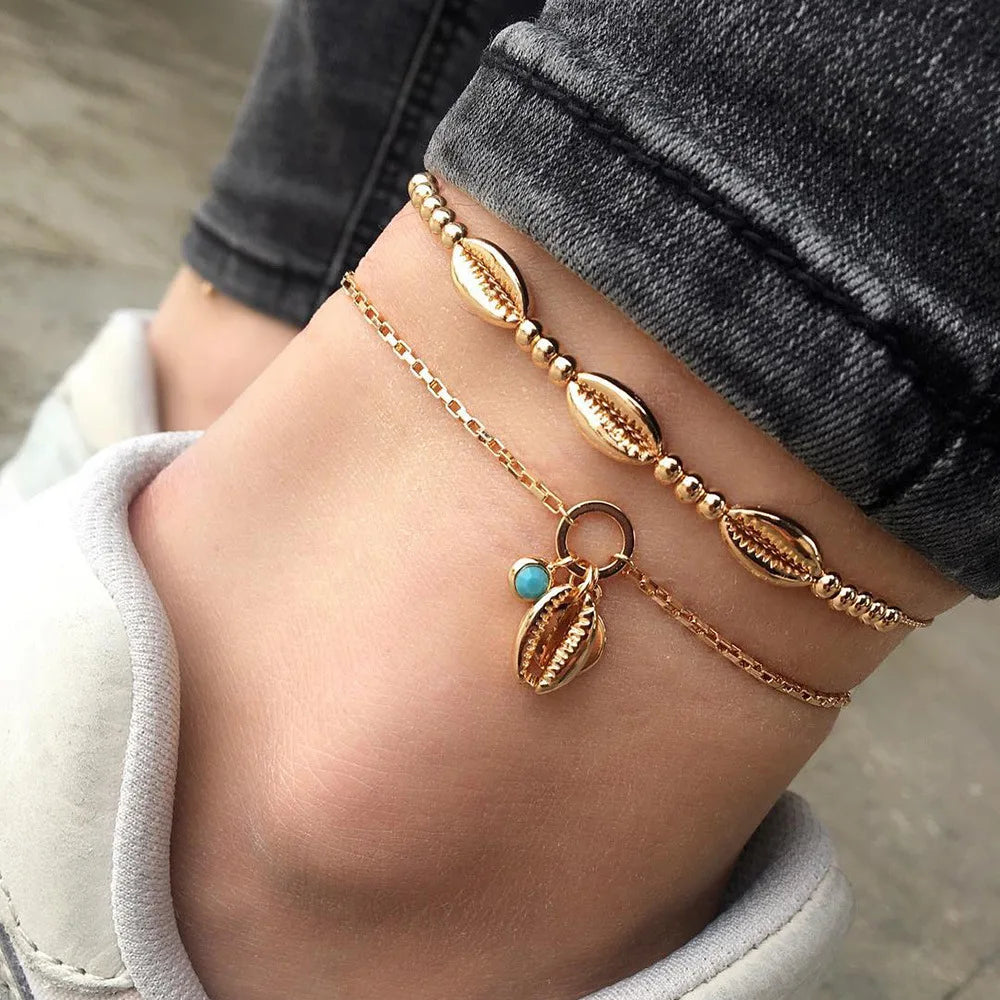 Neues Sommer Muschel Fußkettchen Set für Damen Pailletten Strand Fußkette Goldfarbene Bein Kette am Fuß Weiblicher Böhmischer Schmuck