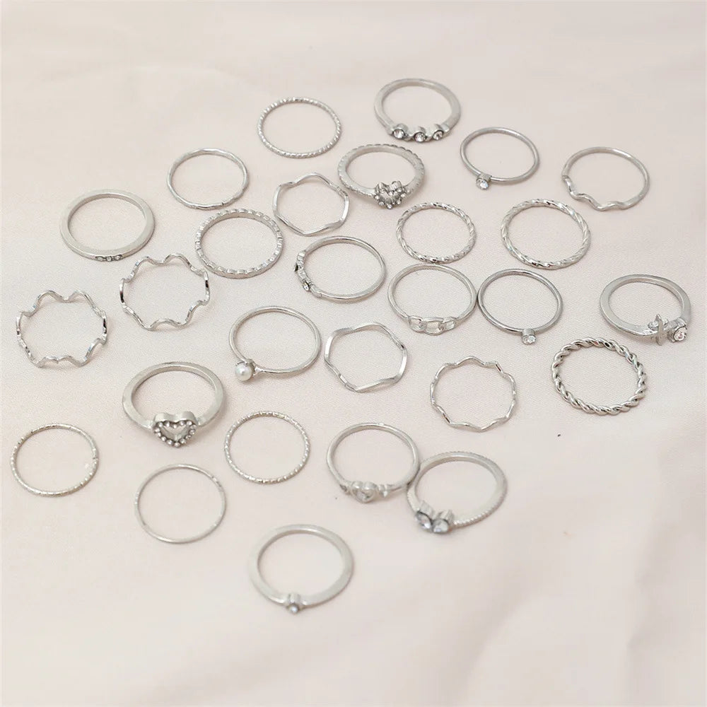 28tlg. Modisches geometrisches Knöchelringe-Set für Damen Kristall Herz Gold Silberfarbene Ringe Mädchen Party Schmuck Zubehör