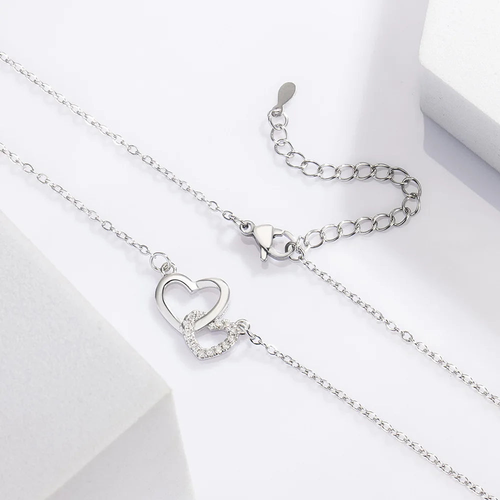 Collares de doble corazón de circonita de plata de ley 925 para mujer, joyería de lujo para boda, accesorios de diseñador, plata 925
