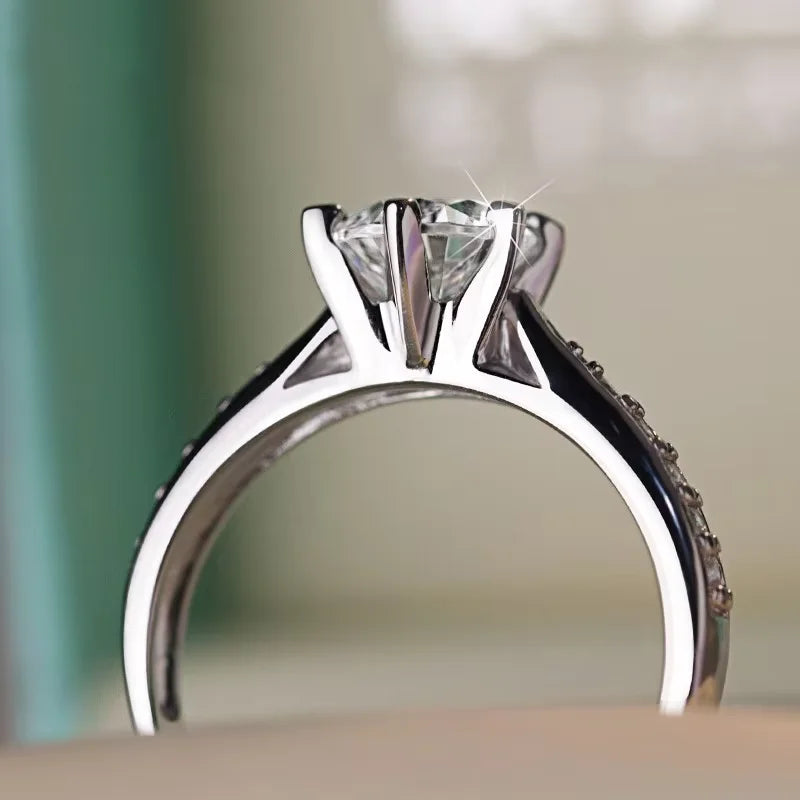Anillo clásico de lujo de plata de ley 925 para mujer con seis garras, joyería sencilla, imitación de diamante, anillo para mujer, regalo de compromiso o boda