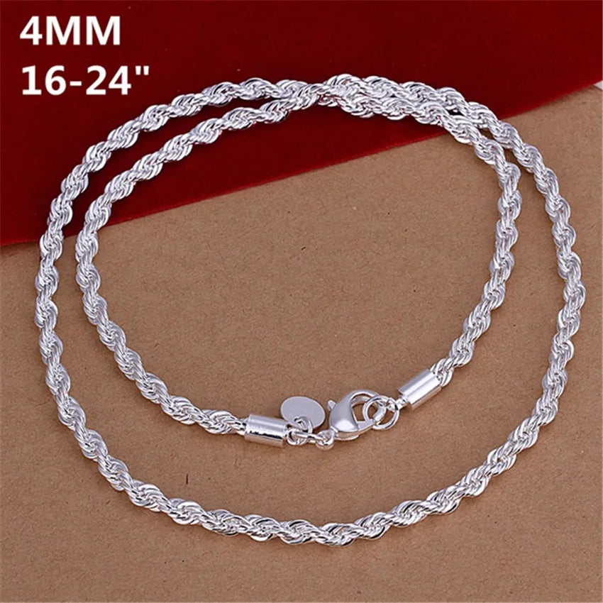16-24 pulgadas para mujeres y hombres Hermoso collar de cadena de cuerda de 4 mm de plata esterlina 925 de moda Ajuste para colgante Joyería de alta calidad