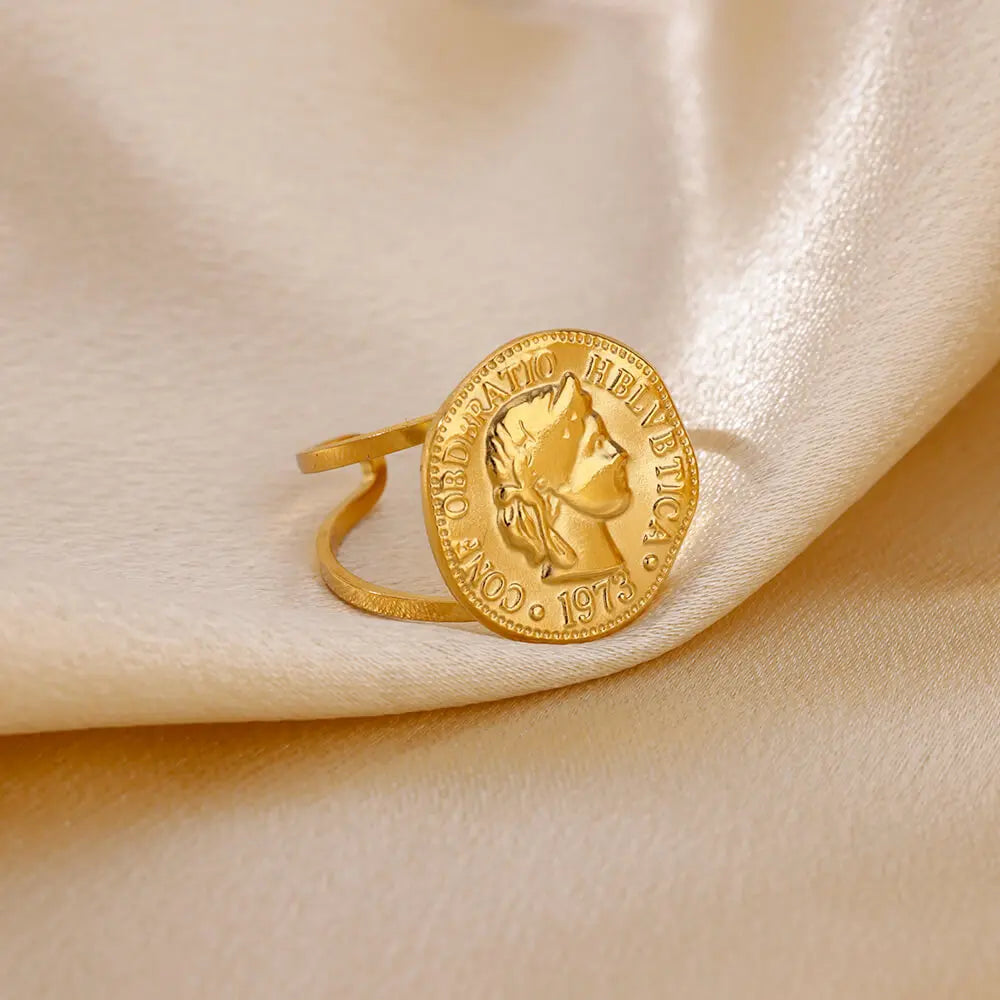 Edelstahl Runde Portrait Offene Ringe Für Frauen Gold Farbe Einstellbare Hochzeit Ästhetischer Ring Party Mode Schmuck Geschenk BFF