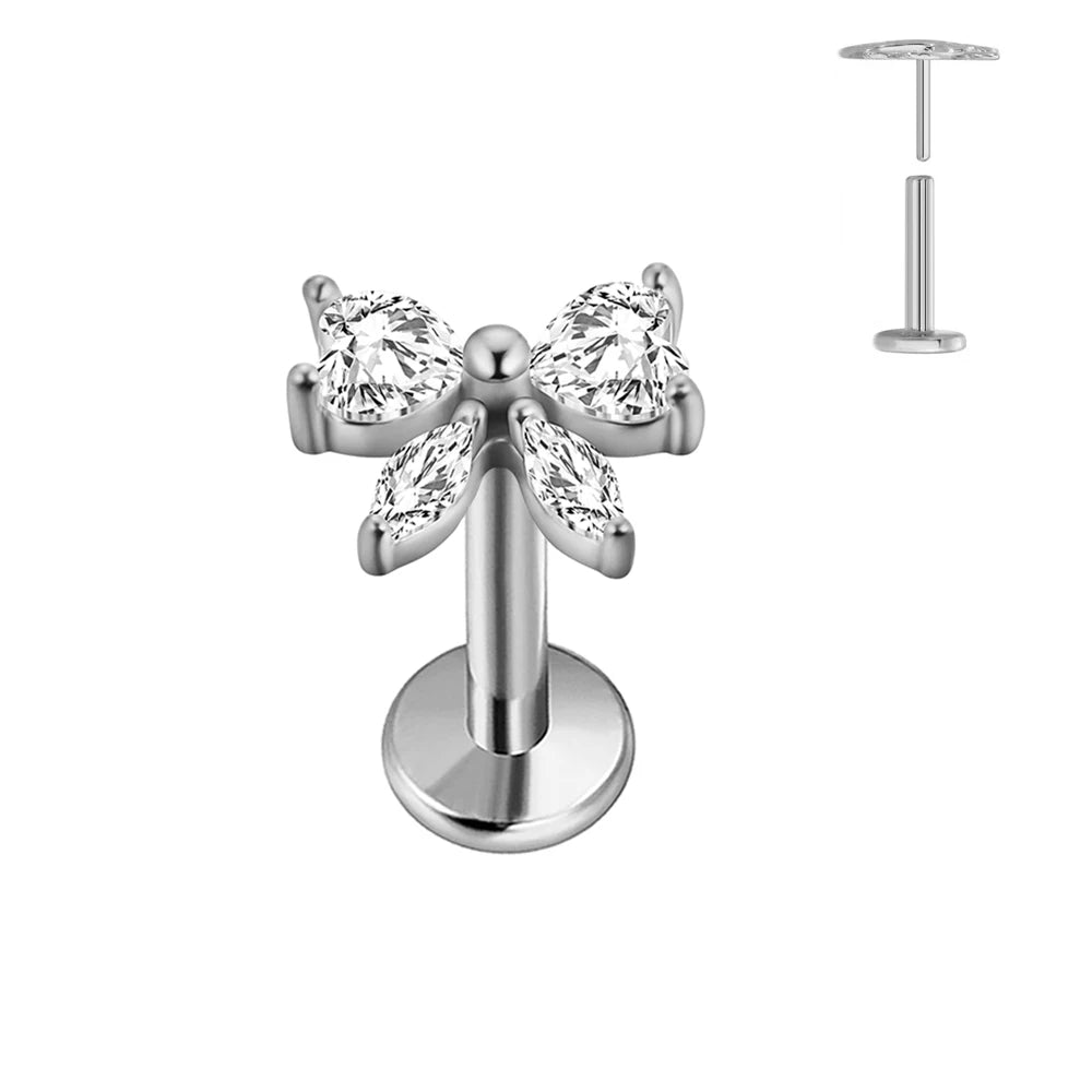 ASTM F136 G23 Titan Herzförmiger Ohrstecker 16G 18G 20G Threadless Piercing Butterfly Push-in Lippenstecker Daith Labret Conch