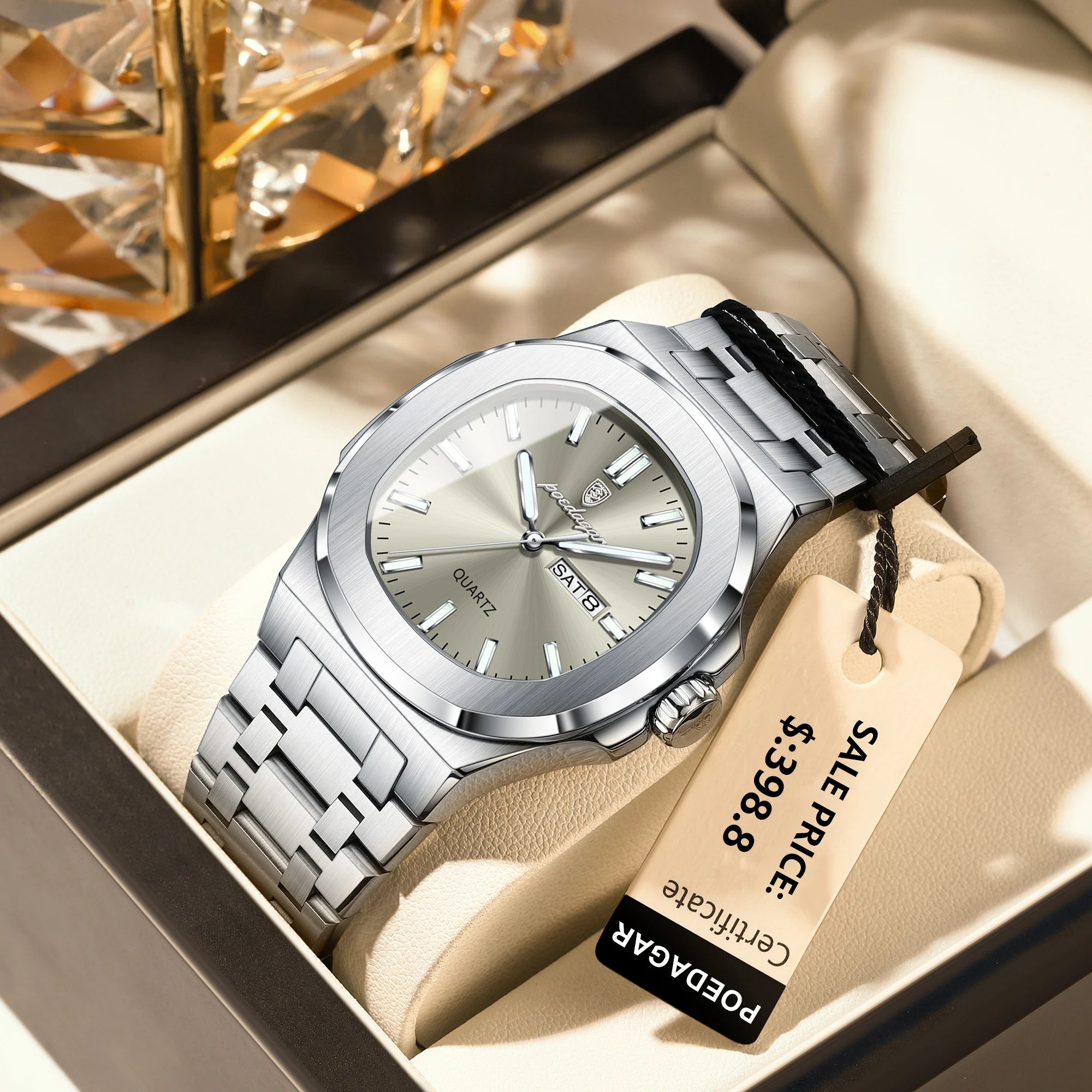 POEDAGAR Reloj de Pulsera Casual de Moda para Hombres Fecha y Día Acero Inoxidable Reloj de Hombre Luminoso Impermeable Lujo Cuarzo Relojes de Hombre+Caja