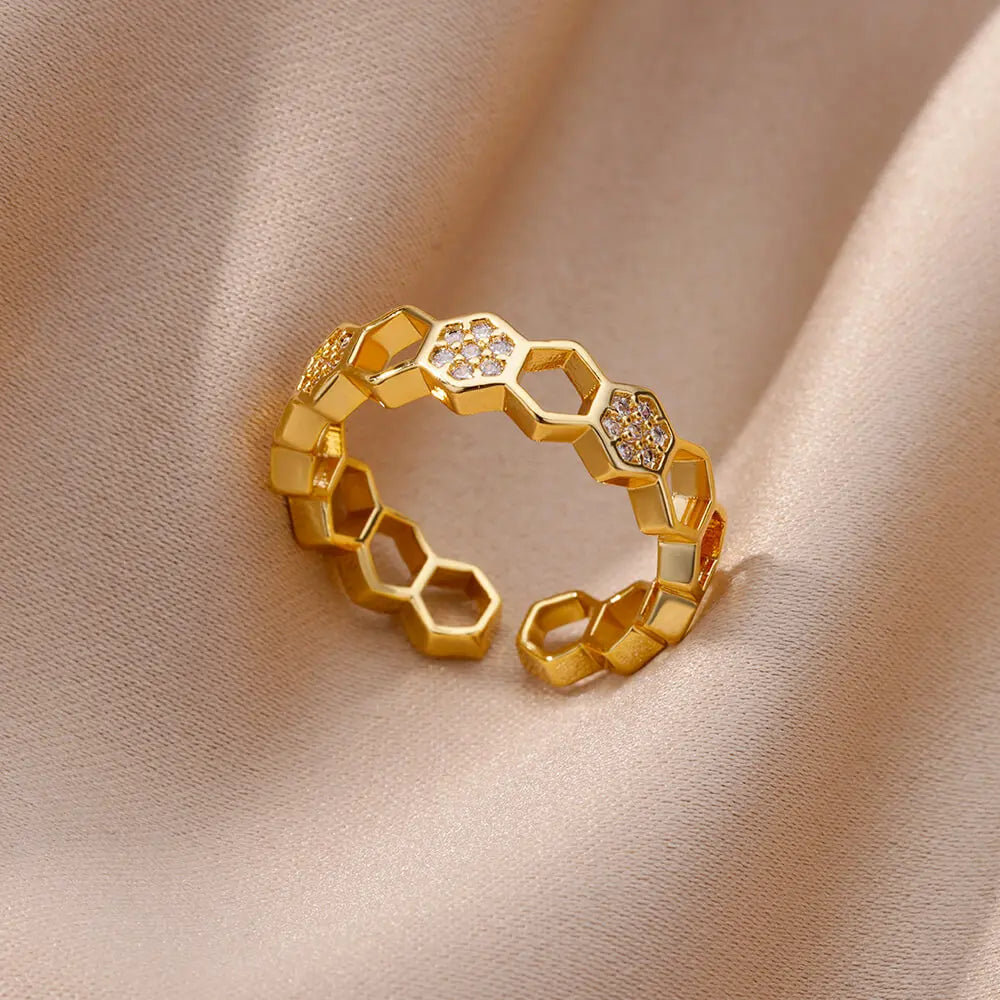 Goldfarbene Zirkonia-Ringe für Damen Offener Edelstahl Grüner Luxus-Kristall-Fingerring Boho Schmuck Hochzeitsfeier Geschenk