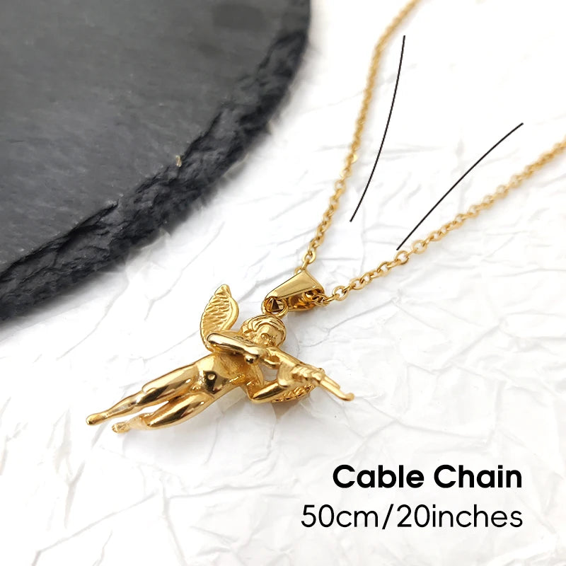 Collar con colgante de ángel 3D con pistola para hombre - chapado en oro de 18 quilates y cadena de cuerda de acero 316L, regalo de joyería gótica hip hop, "La venganza de Cupido"