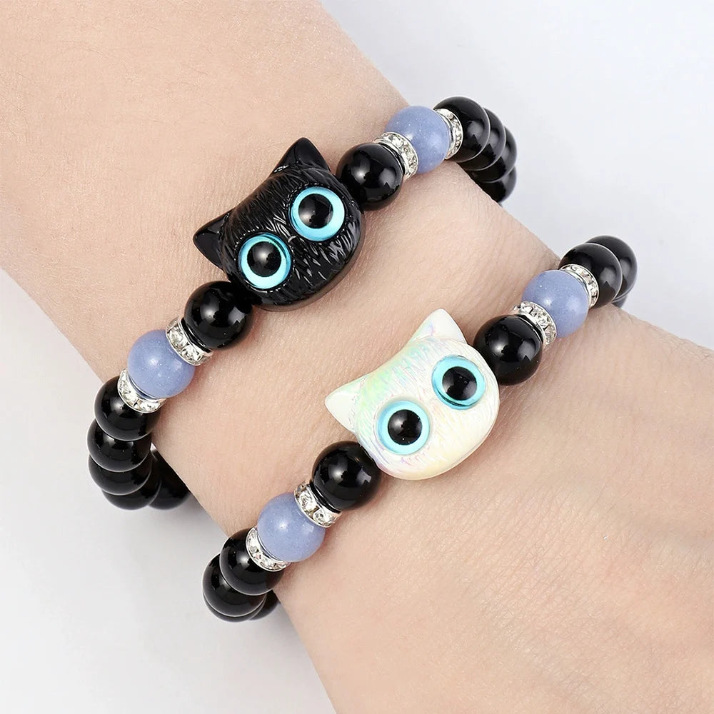 1 Paar passende Armbänder Pärchen Damen Herren Leuchtende süße Katze Freundschaftsarmband Schwarz-Weißer Katzenkopf Perlenstrang Armband