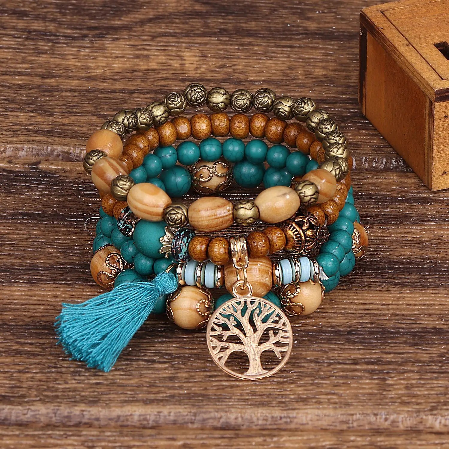 4 Stück Bohemia Lebensbaum Charm Perlenarmband Set für Damen Handgemachte Holzperlen Kette Armreif Weiblicher Boho Schmuck