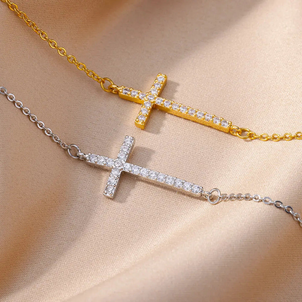 Kristall-Kreuzarmbänder für Frauen, modisch, vergoldet, Edelstahl-Kreuzarmband, Vintage, religiöser, ästhetischer Schmuck, Geschenk