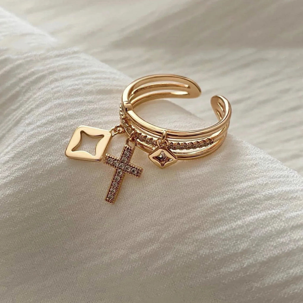 Nwe 18K vergoldete Sonnenringe für Damen, Naturstein eingelegt in hohlem Metall-Textur-Ring, trendiger Schmuck
