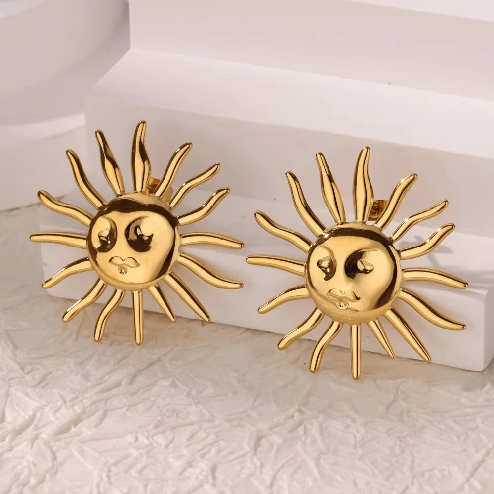 Punk Sonnen-Gesicht-Ohrstecker Edelstahl Ohrringe für Damen Goldfarbe Stern Piercing Ohr Accessoires Femme Gothic Schmuck Party Geschenk