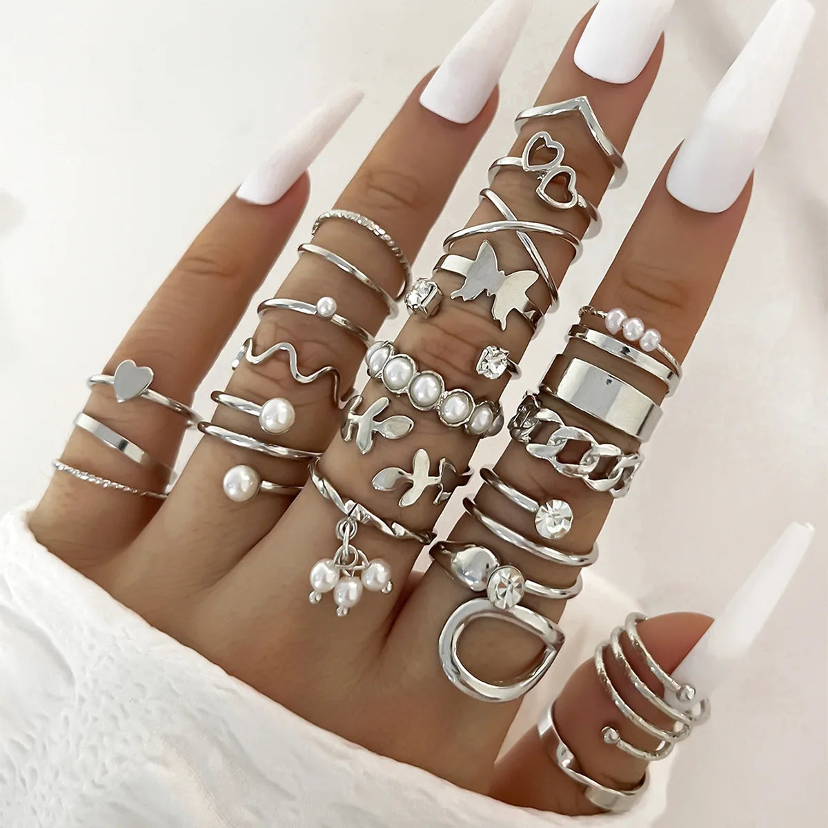Mode Einfache Welle Gelenkringe Set für Frauen Kristall Herz Form Gold Silber Farbe Ring Weiblicher Party Schmuck
