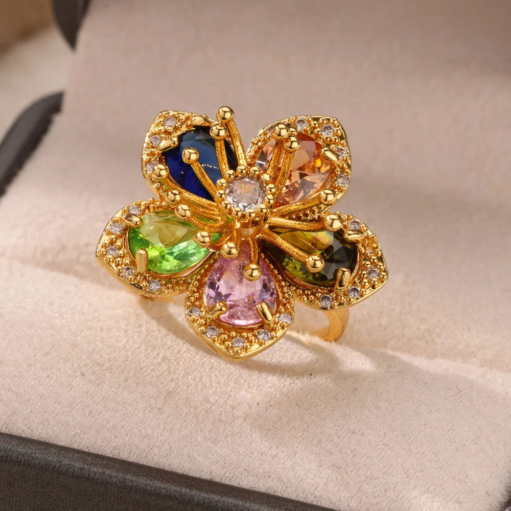 Edelstahl Blume Große Offene Ringe Für Frauen Gold Farbe Nachahmung Perle Hohlring Trendiger Ästhetischer Schmuck Geschenke