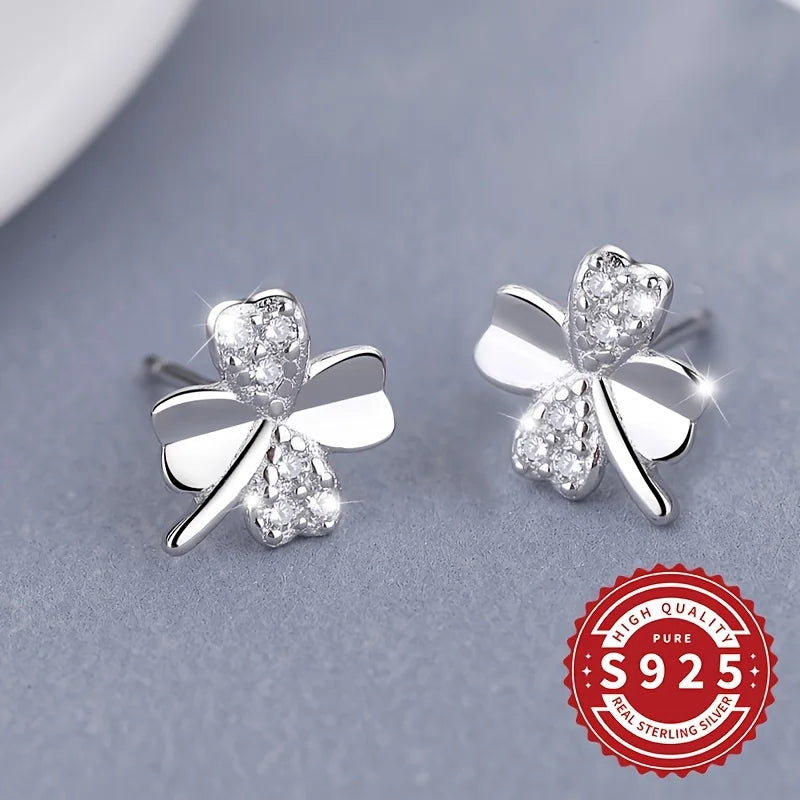 Paar glänzende Damen-Ohrringe mit vierblättrigem Kleeblatt, 925er Silber, klassisches schlichtes Design, elegant, niedlich, vielseitig für den Alltag, Geschenk