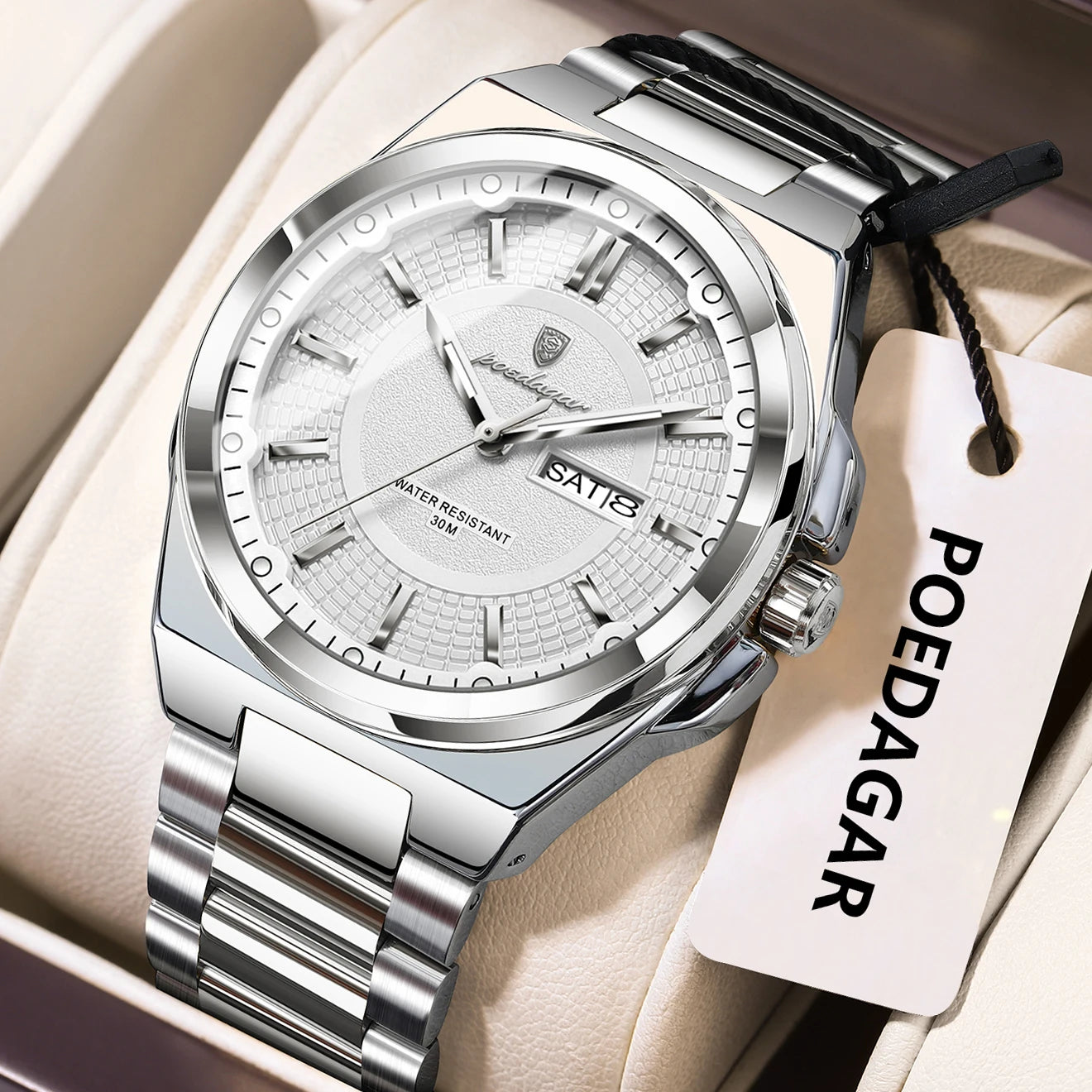 POEDAGAR Top Original Relojes de Hombre Acero Inoxidable Impermeable Luminoso Reloj de Hombre Fecha Semana Clásico de Moda Reloj de Pulsera de Cuarzo para Hombre