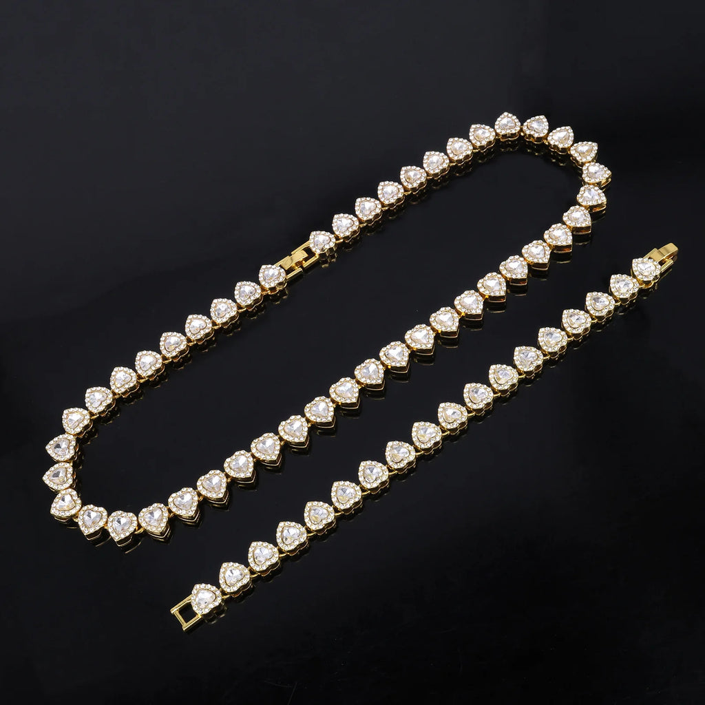 Yupsk 45CM/20CM Shiny Heart Rhinestone Hip Hop Rock Tennis Chain Bracelet Necklace for Women Men Trendy Jewelry Set Gift