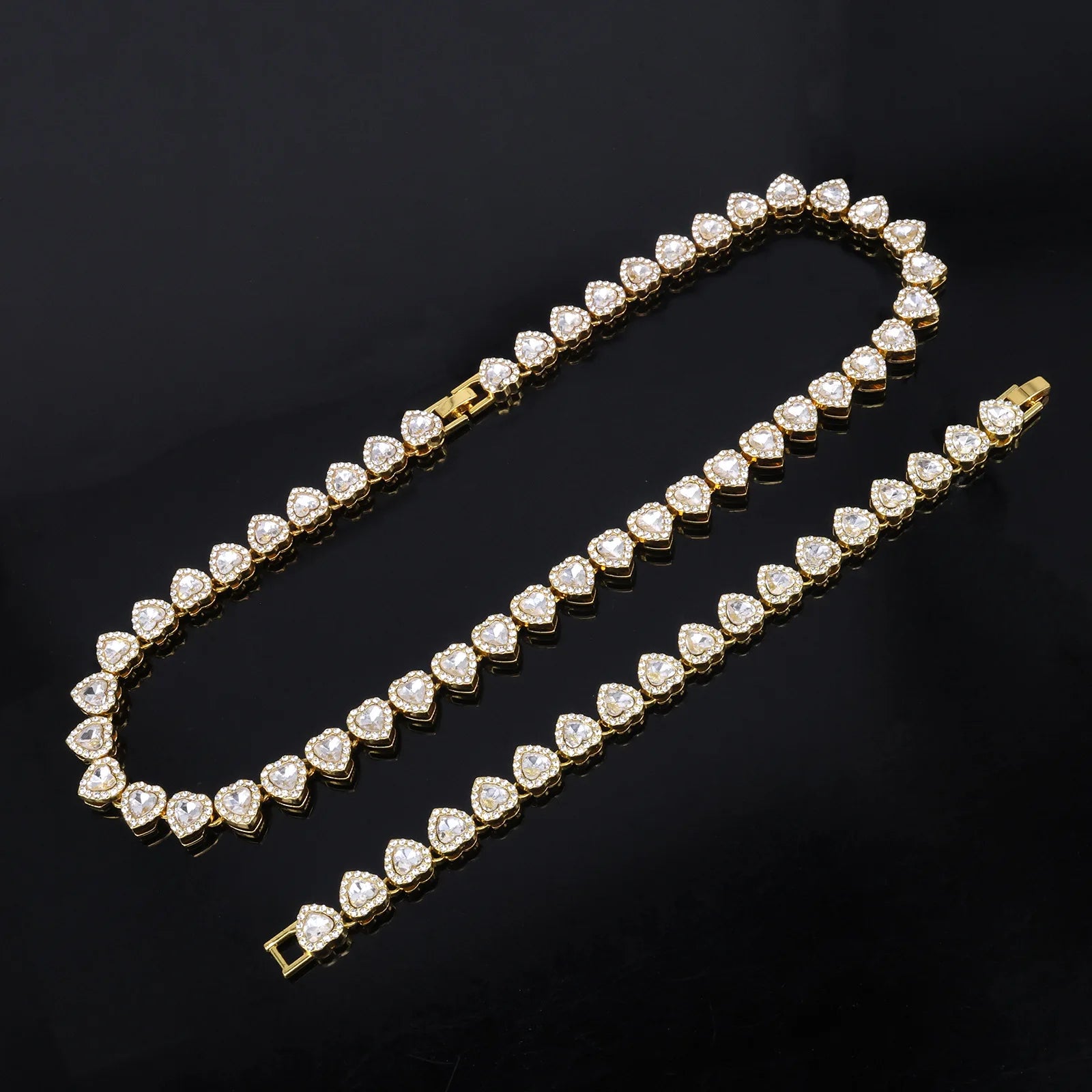 Yupsk 45CM/20CM Shiny Heart Rhinestone Hip Hop Rock Tennis Chain Bracelet Necklace for Women Men Trendy Jewelry Set Gift