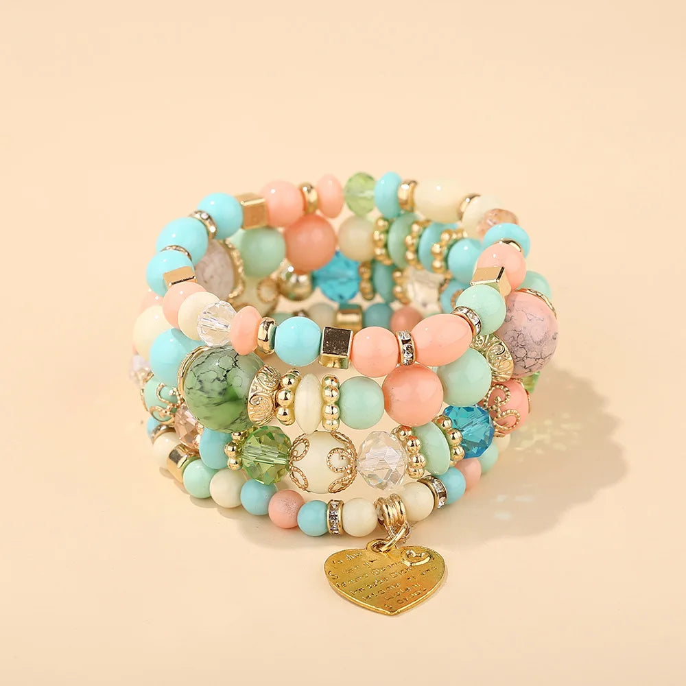 4er-Set Boho Kristallperlen-Kettenarmbänder für Damen, Vintage Herz-Anhänger, elastisches Armband, Damen Mode Party Schmuck
