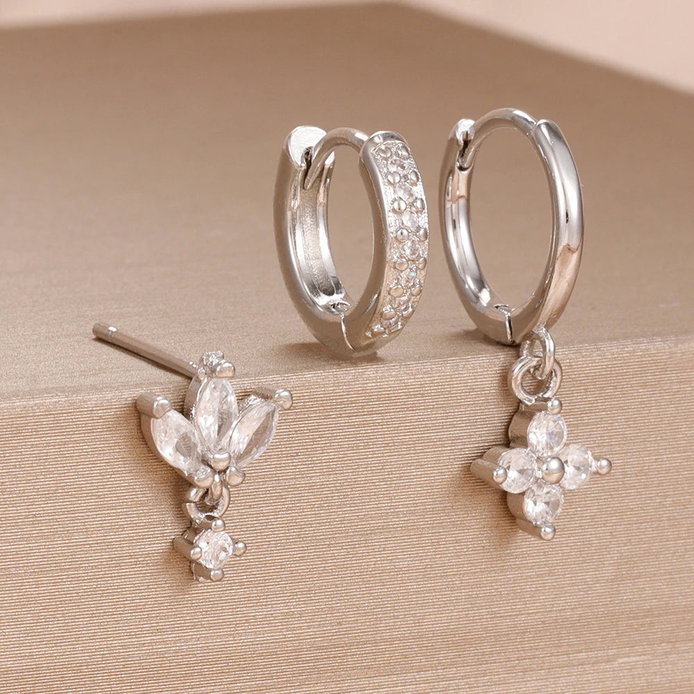 3 Paar modische orange-blaue Zirkon-Hängeohrringe für Damen, Edelstahl-Blumen-Baumelohrringe, Piercing-Schmuckset
