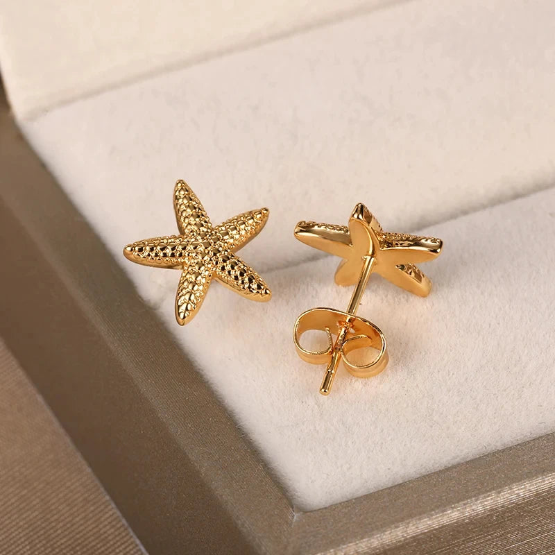 Pendientes de acero inoxidable con forma de estrella de mar vintage para mujer, aretes sencillos con forma de concha de estrella, joyería de fiesta oceánica, regalo 2025